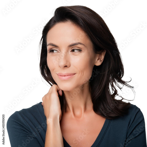 portrait of beautiful Hispanic middle-age woman looking to side with grin and hand on neck, transparent, png