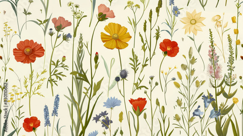 Vintage wildflowers and plants illustration seamless pattern  muted colors  detailed  in the style of vintage  on a cream background  seamless wallpaper