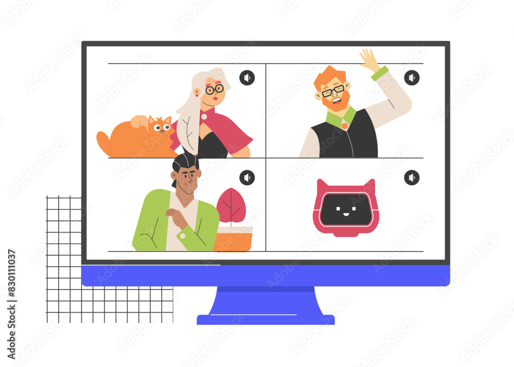 A group of people in a video chat. Colleagues, students, chat bot. Modern technologies in training and work. Educational course on the Internet with a virtual tutor. Vector flat illustration. A group of people in a video chat. Colleagues, students, chat bot. Modern technologies in training and work. Educational course on the Internet with a virtual tutor. Vector flat illustration.