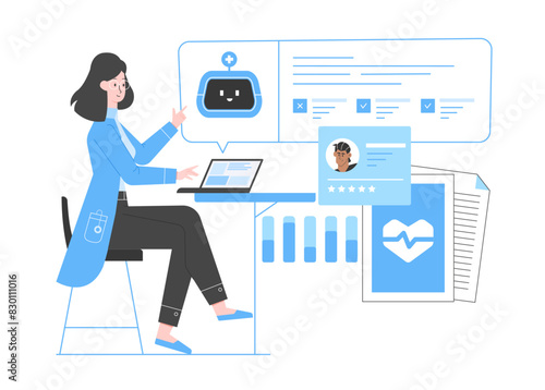 Cute female doctor communicates with a chat bot using a language model. Artificial intelligence in patient data analysis and diagnosis. Modern technologies in medicine. Vector flat illustration.