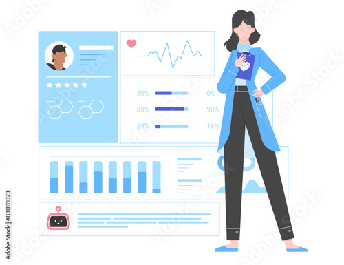 Modern technologies in medicine. A female doctor stands against the background of a dashboard with the patient’s medical indicators. Making a diagnosis using artificial intelligence. Vector flat.