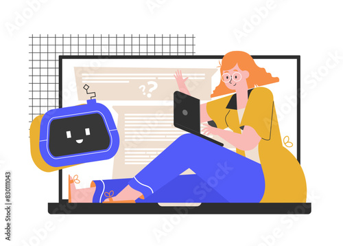 A girl with a laptop communicates with a chat bot on the Internet. Support from artificial intelligence in studying, working, searching and analyzing information. Modern technologies in education.