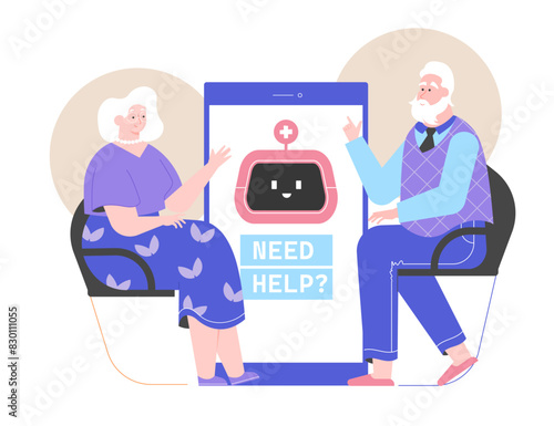 An elderly couple sits next to a smartphone. Online assistant robot on the phone screen. Medical support and online help for pensioners. Modern technologies for health. Vector flat illustration.