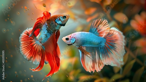 A pair of betta fish engaged in a courtship dance, with the male displaying vibrant colors and intricate fin movements to impress the female. photo