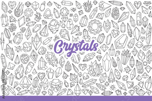 Precious crystals of various shapes for making jewelry or expensive amulets. Beautiful natural crystals and minerals created by nature and collected by geologists. Hand drawn doodle