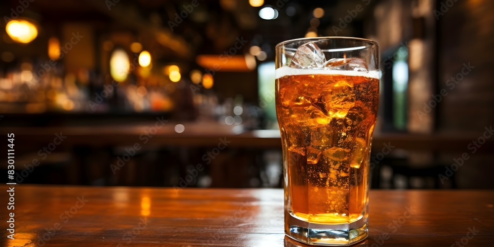 Cold beer in glass in dimly lit pub: A close-up view. Concept Beer, Glassware, Pub, Dim Lighting, Close-up View