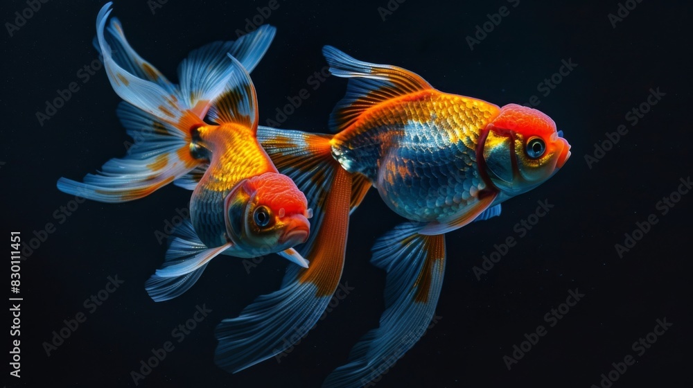 A pair of goldfish swimming together in perfect harmony, their graceful movements and vibrant colors creating a mesmerizing sight. A pair of goldfish swimming together in perfect harmony, their graceful movements and vibrant colors creating a mesmerizing sight.