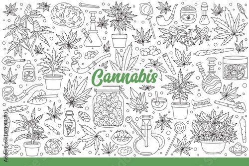 Cannabis in leaves or buds for smoking for relaxation or medical purposes. Products made from cannabis or marijuana sold in drug stores, along with tobacco pipes and hookahs. Hand drawn doodle