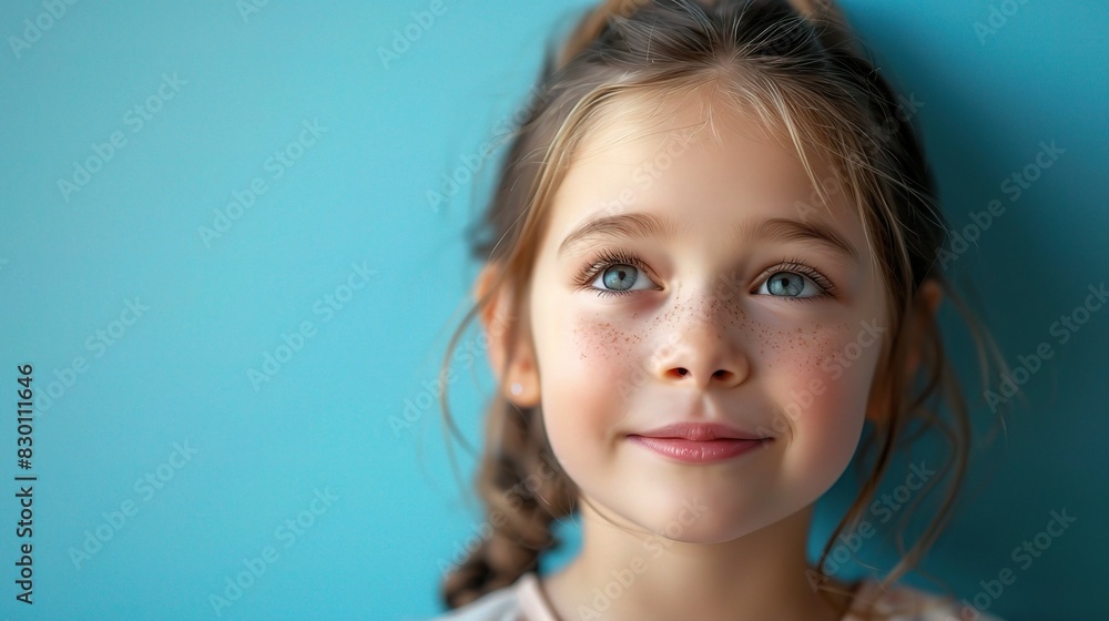 charming girl portrait with a playful expression, set against a bright blue background, copy space charming girl portrait with a playful expression, set against a bright blue background, copy space