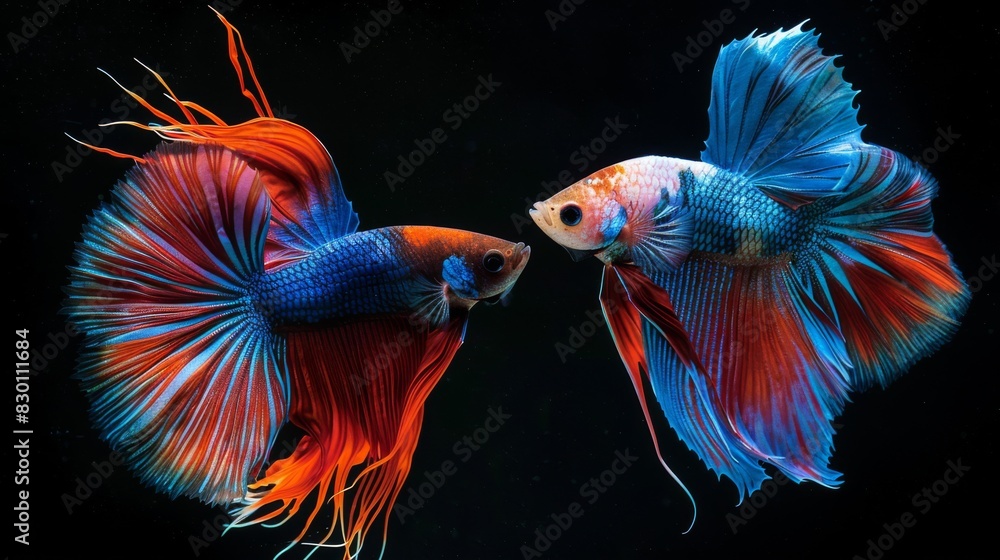 A pair of male betta fish engaged in a territorial display, flaring their fins and displaying vibrant colors in a captivating underwater dance. A pair of male betta fish engaged in a territorial display, flaring their fins and displaying vibrant colors in a captivating underwater dance.