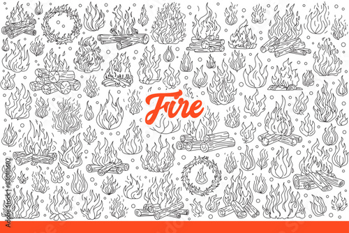 Bonfires made of burning wood with fire and flames warm tourists during hike. Bonfires produce sound of burning branches and illuminate area to scare away wild animals. Hand drawn doodle