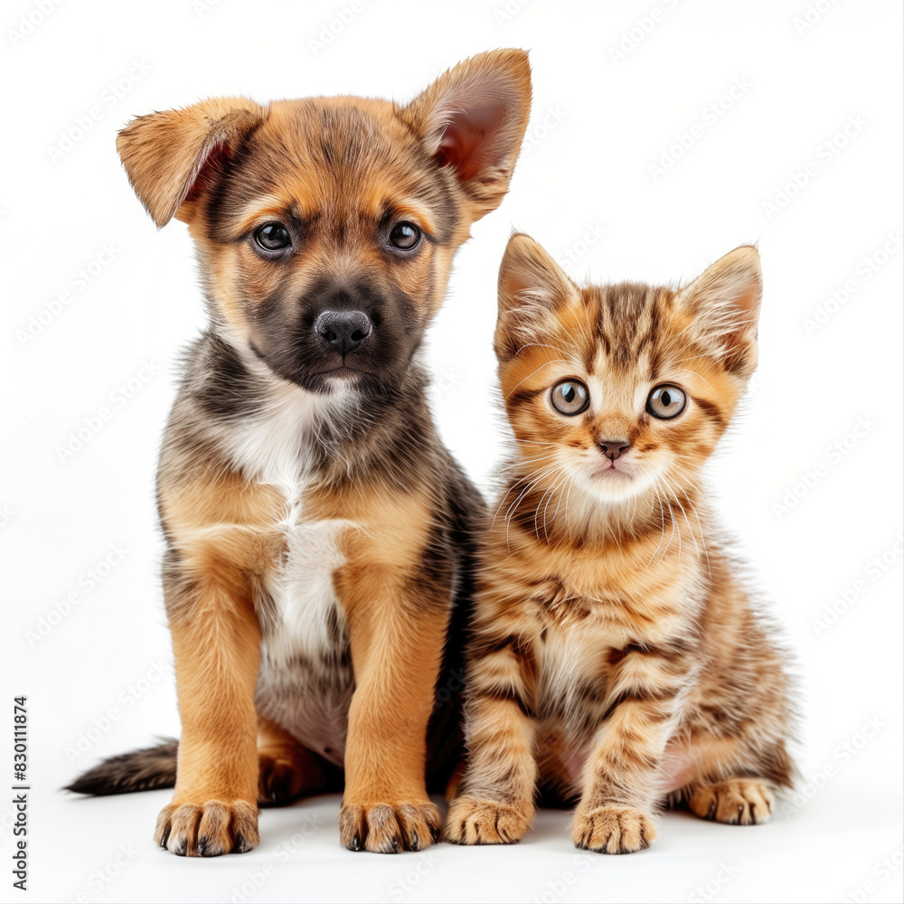 Adorable Puppy and Kitten Sitting Together on White Background Adorable Puppy and Kitten Sitting Together on White Background