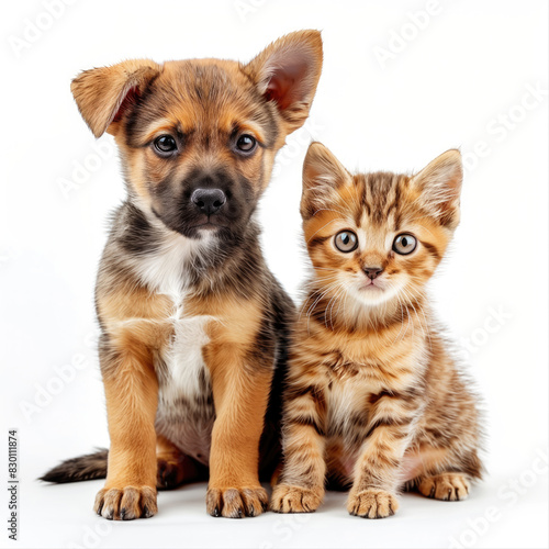 Adorable Puppy and Kitten Sitting Together on White Background