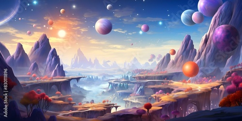 Colorful cartoon candy planets and satellites in a whimsical fantasy universe. Concept Fantasy Planetary Candy, Whimsical Universe, Colorful Cartoon, Satellites