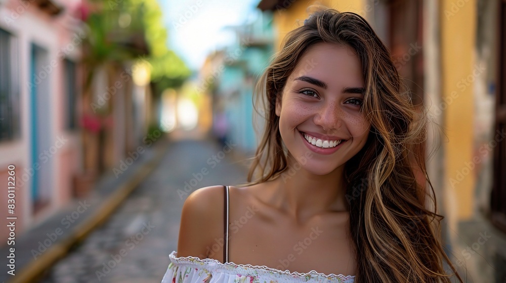 charming portrait of a smiling woman, her joy evident in every line of her face against a backdrop charming portrait of a smiling woman, her joy evident in every line of her face against a backdrop