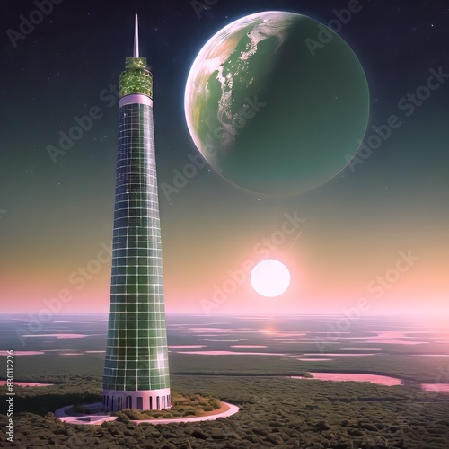 big glass tower in a green landscape with sunset and big planet in the sky