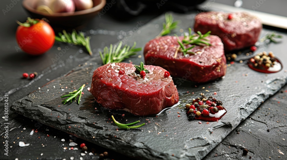 Beef Meat Steaks Being Cut on a Stone Cutting Board Beef Meat Steaks Being Cut on a Stone Cutting Board