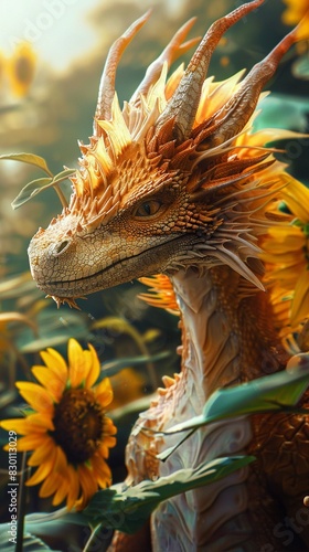 Sunlit Dragon Among Blooming Sunflowers