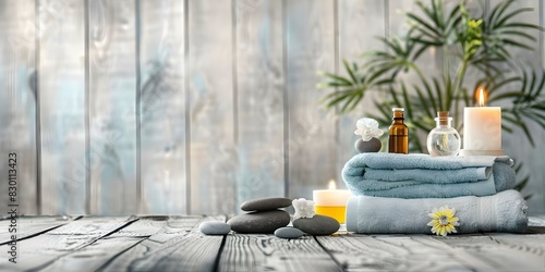 Creating a Relaxing Spa Ambiance: Towels, Candles, Essential Oils, and Massage Stones on a Wooden Background. Concept Spa Atmosphere, Relaxation Essentials, Zen Decor, Aromatherapy Setup photo
