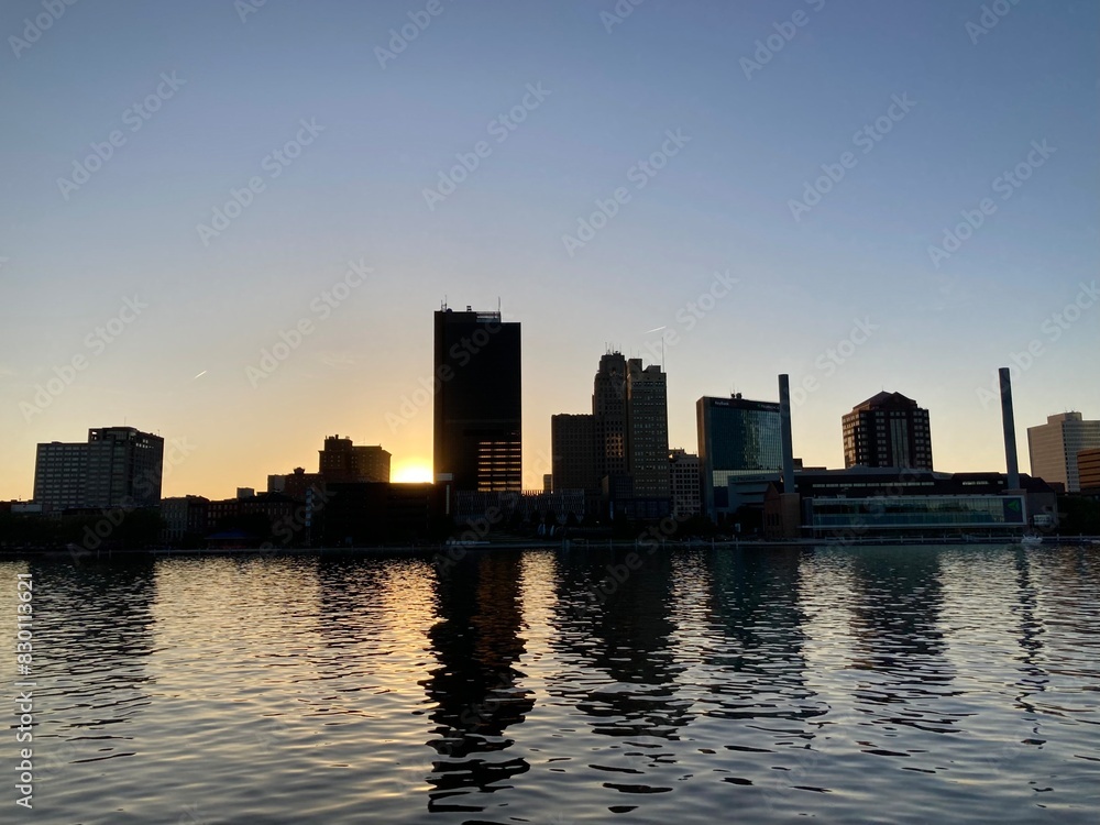Toledo, Ohio city skyline at sunset