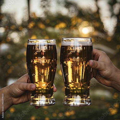 Cheers with beer glasses, minimal close-up, outdoor setting with natural light, captures the essence of celebration and camaraderie, simple minimal style.
