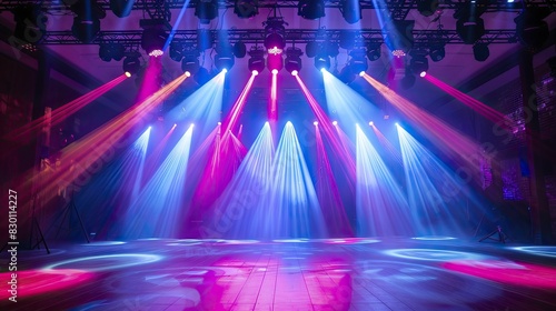 The dance floor lighting creates a dynamic atmosphere with vibrant colors and energetic beams  offering a lively contrast and minimal style for a party atmosphere.