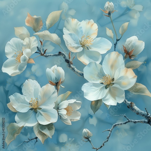 Apple Blossom, soft blues, whites, gentle greens, delicate and dreamy watercolor