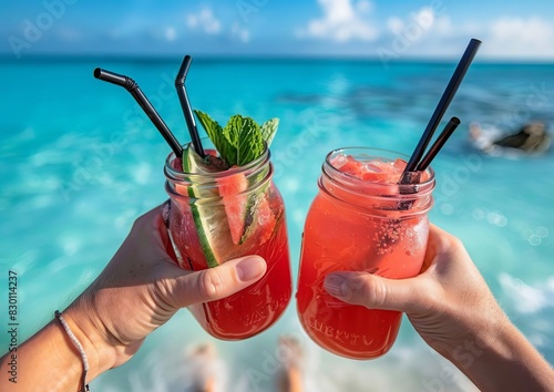 Refreshing Tropical Cocktails on Beach with Crystal Blue Ocean