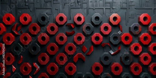 A wall featuring red and black geometric shapes in an abstract pattern