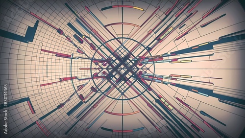 Futurista ilustración digital con un fondo de armazón y un dinámico efecto de plexo, formas geométricas y líneas se intersectan y superponen creando una experiencia visual cautivadora.