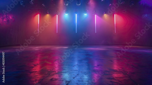 Disco lights on empty dance floor, minimal wide shot, vibrant and colorful lighting, evokes a sense of anticipation and excitement, with a touch of modern elegance.