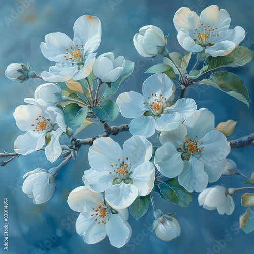 Apple Blossom  soft blues  whites  gentle greens  delicate and dreamy watercolor