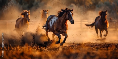 Horses kicking up dust in a rodeo arena during competition capturing the competitive spirit in action. Concept Rodeo Championship, Dusty Action Shots, Competitive Arena Moments