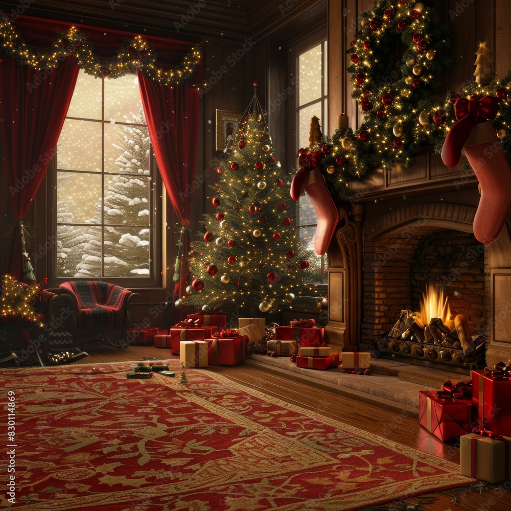 Fototapeta premium Christmas Tree by the Fireplace
