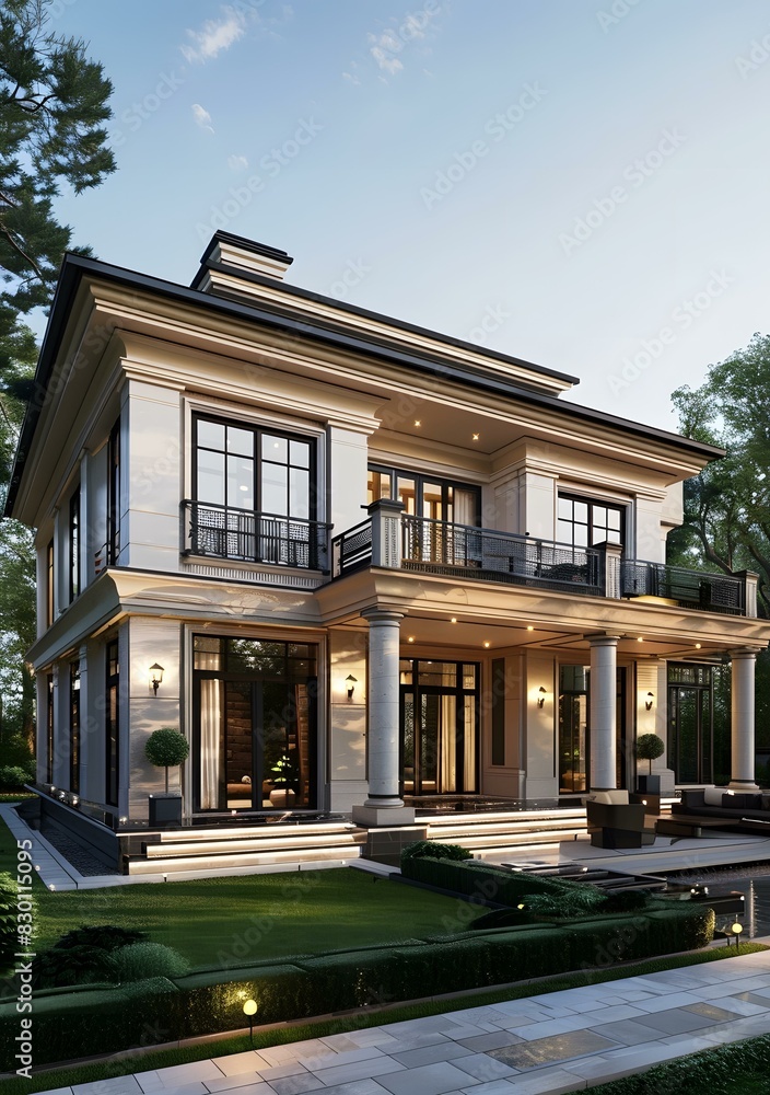 Fototapeta premium A magnificent three-story mansion with a swimming pool
