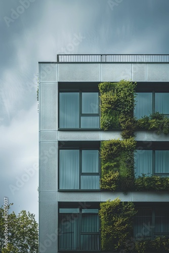 Green architecture in a sustainable building, exterior view with green walls and renewable energy systems, highlighting innovation and design, sleek minimal style.