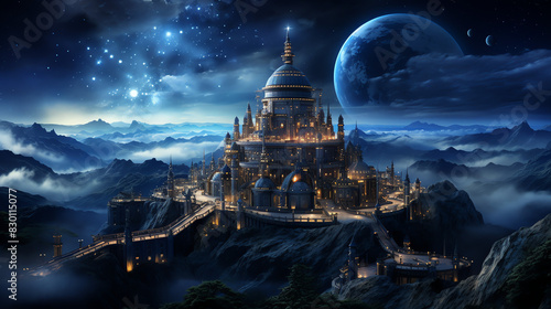 A fantasy castle on a mountaintop. The castle is surrounded by clouds and there is a large moon in the background. photo