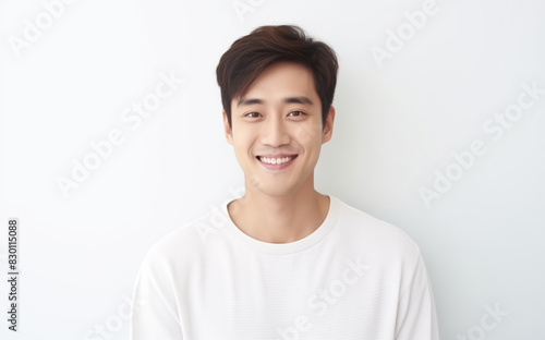 Portrait of handsome happy smiling asian young man, modern guy looking at camera on white background