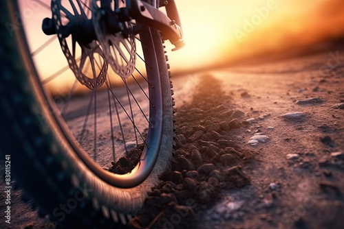 Trial sports bike wheel in the sun shine. Close up view of a mountain bike wheel.