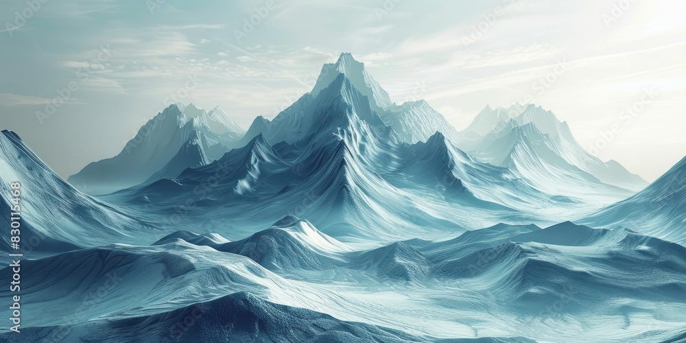A painting depicting a grand mountain range under a vast blue sky