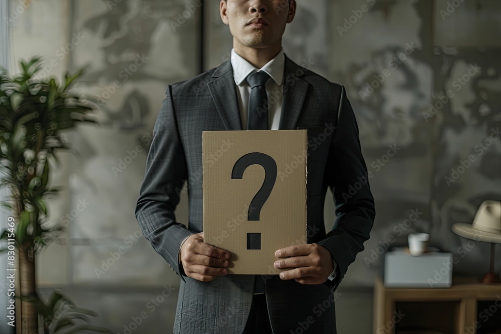 Man in a suit with a question mark, minimal front view, neutral background with a large question mark, evokes a feeling of intrigue and enigma, minimalist design aesthetic. Man in a suit with a question mark, minimal front view, neutral background with a large question mark, evokes a feeling of intrigue and enigma, minimalist design aesthetic.