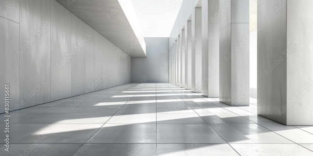 A hallway with white walls and columns stretching into the distance A hallway with white walls and columns stretching into the distance