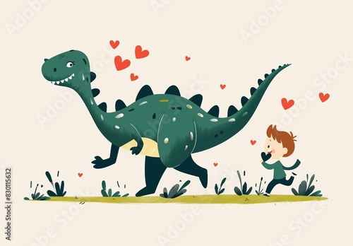 Dinosaur Blowing Heart Bubbles with Child in Adorable Illustration
