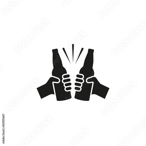 Hands holding beer bottles. Clink, cheers and toasting. Vector illustration white background. Two bottles of beer are held in hands. 
