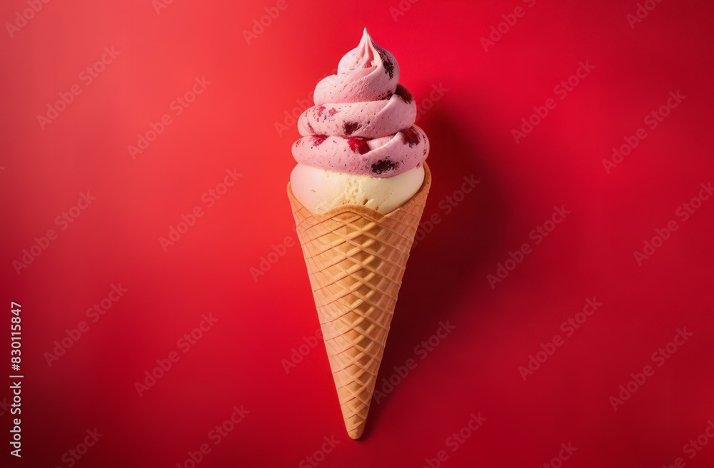 Close up view of a wafer ice cream cone with berries, Berry ice-cream ,cherry and chocolate ,continuous pattern on red background. Isolate top view, hard light Close up view of a wafer ice cream cone with berries, Berry ice-cream ,cherry and chocolate ,continuous pattern on red background. Isolate top view, hard light