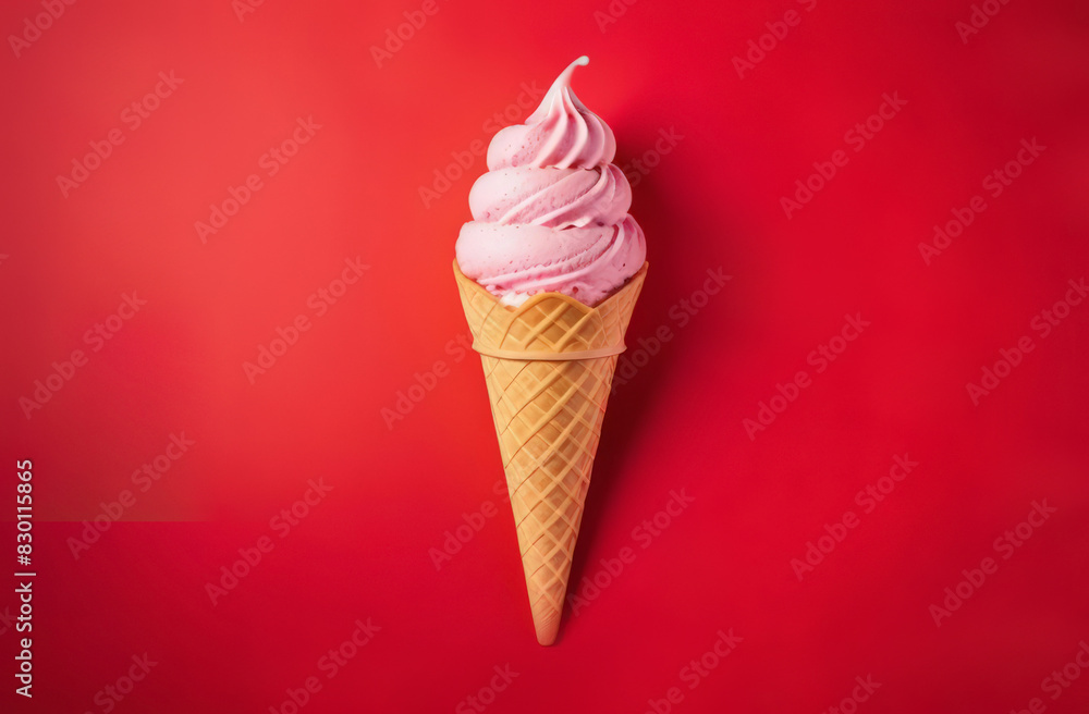 Close up view of a wafer ice cream cone with Berry ice-cream ,cherry and chocolate ,continuous pattern on red background. Isolate top view, hard light Close up view of a wafer ice cream cone with Berry ice-cream ,cherry and chocolate ,continuous pattern on red background. Isolate top view, hard light