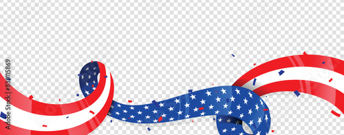 USA flag waving ribbon panoramic illustration with stars and stripes on transparent background. Vector design.