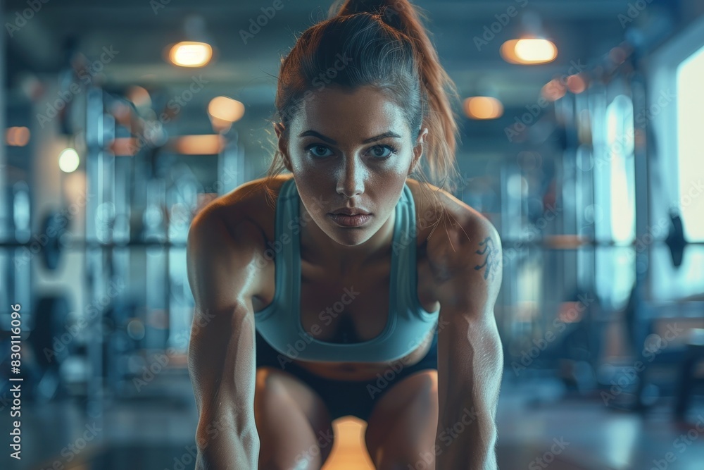 A focused woman performs a deadlift in a modern gym, showcasing her strength and determination. The high-resolution image captures her toned muscles and intense expression. The gym background A focused woman performs a deadlift in a modern gym, showcasing her strength and determination. The high-resolution image captures her toned muscles and intense expression. The gym background