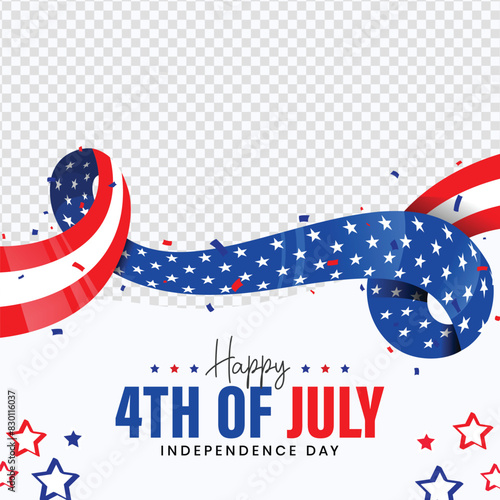 USA flag waving ribbon illustration with 4th of july independece day greeting lettering, stars and stripes on transparent background. Vector design.