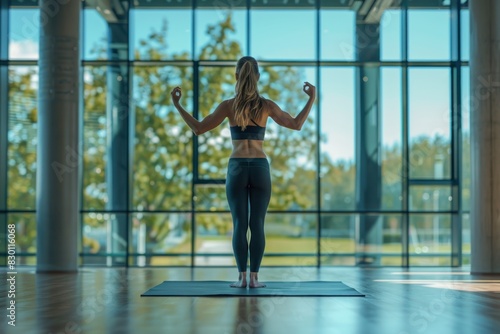 A high-resolution image of a woman practicing yoga in a modern gym. She is in a perfect pose  demonstrating balance and flexibility. The gym s contemporary design  with large windows allowing natural